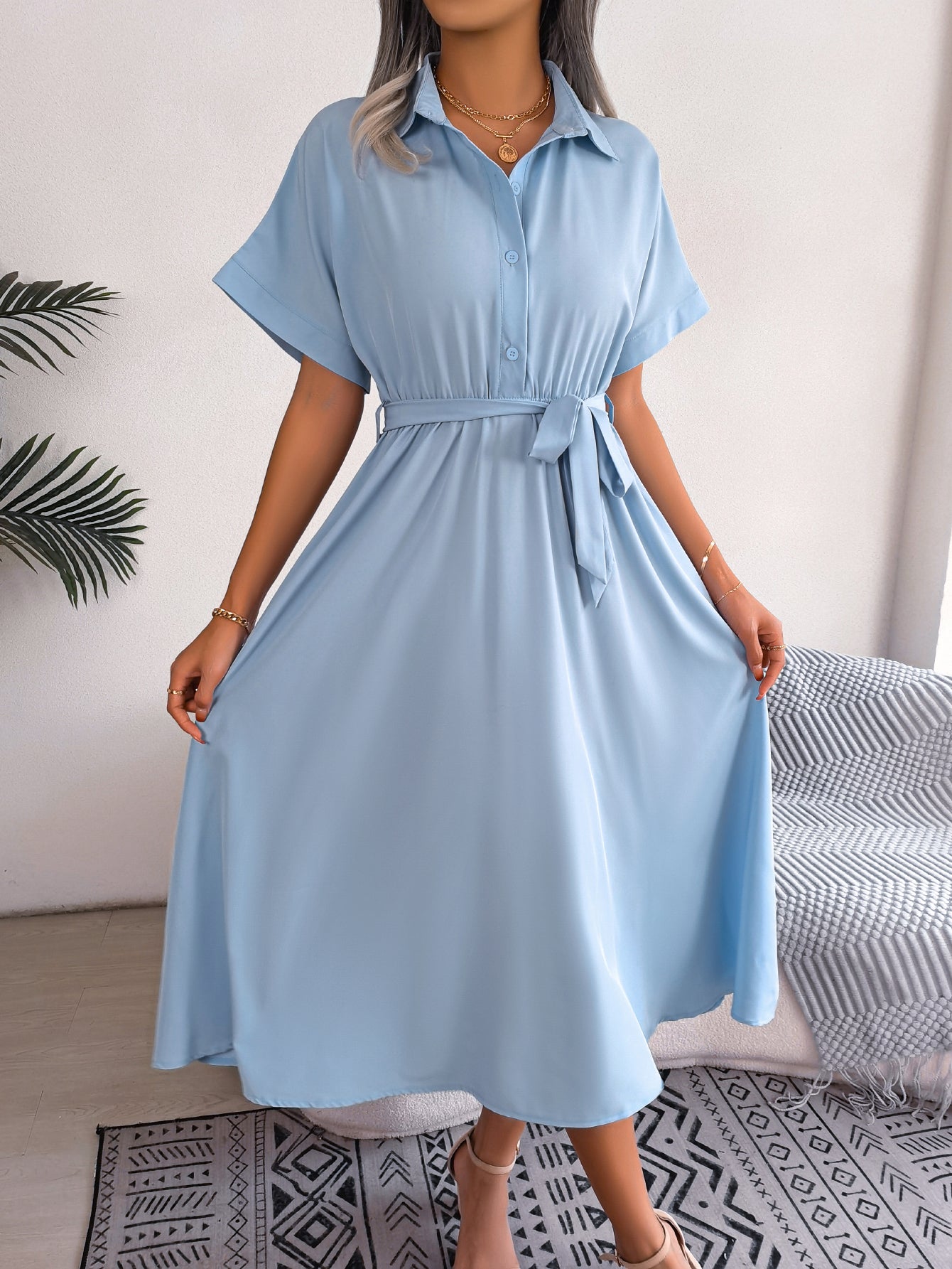 Women  Casual Loose Solid Color Tie Waist Shirt Maxi Dress
