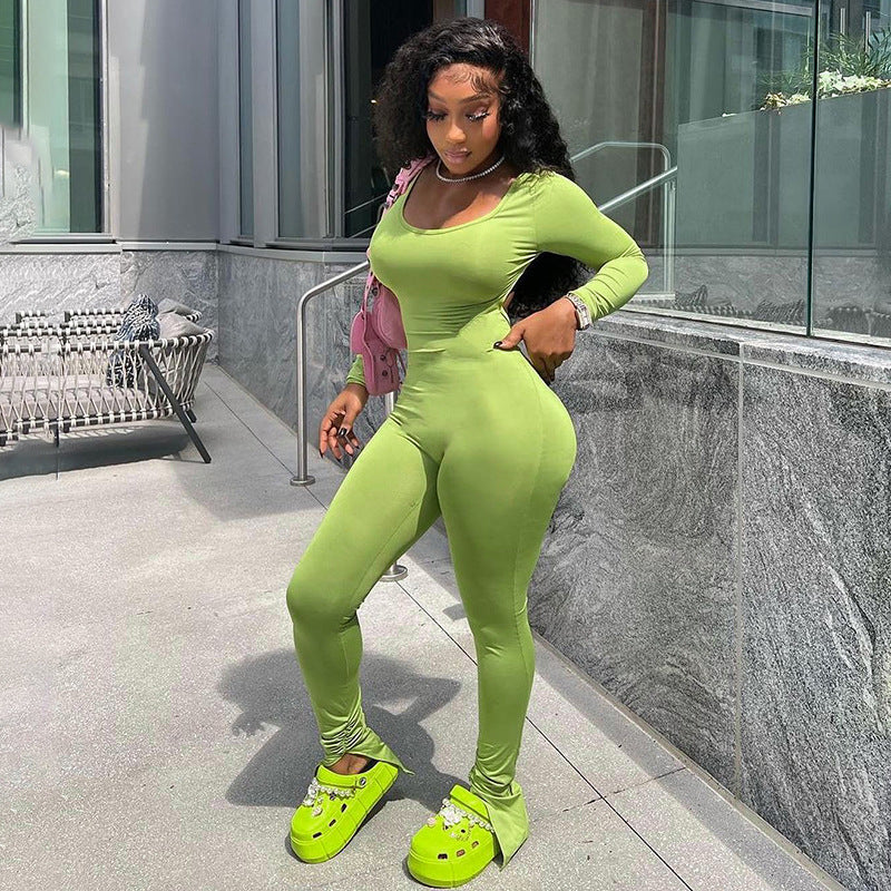 Women's Slim U-neck Backless Shrink Pleated Jumpsuit