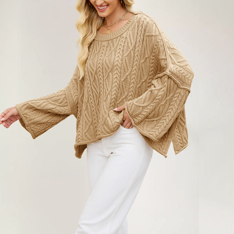 2 O-neck Short Cable Loose-fitting Solid Color Sweater