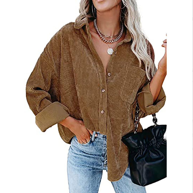 Women's Shirt Solid Color Polo Collar Corduroy Casual Coat