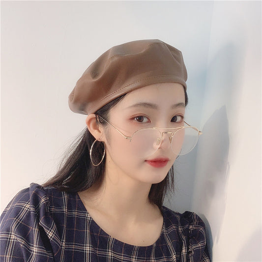 Large Head Girth Black PU Leather Face Reverse Beret Painter Hat
