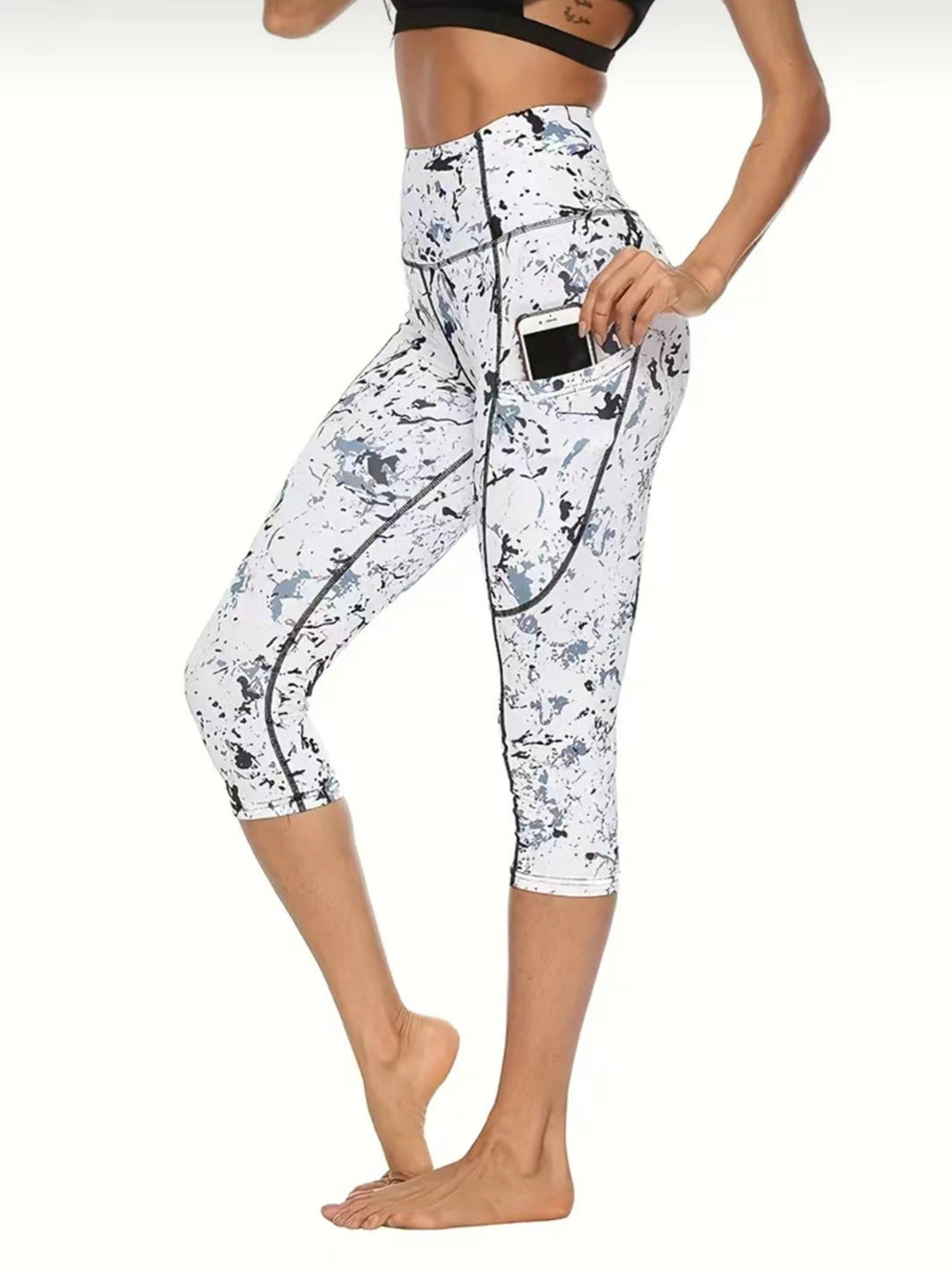 Bukser, maveindsnørende, hofteløftende yogatræning, bar fornemmelse, stramme leggings med print