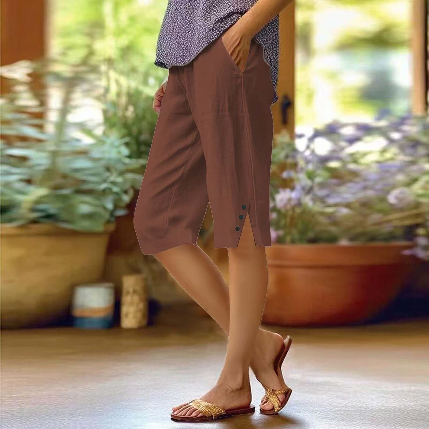 New Women's Casual Loose-fitting Cotton Linen Elastic Waist Casual Pants With Pockets
