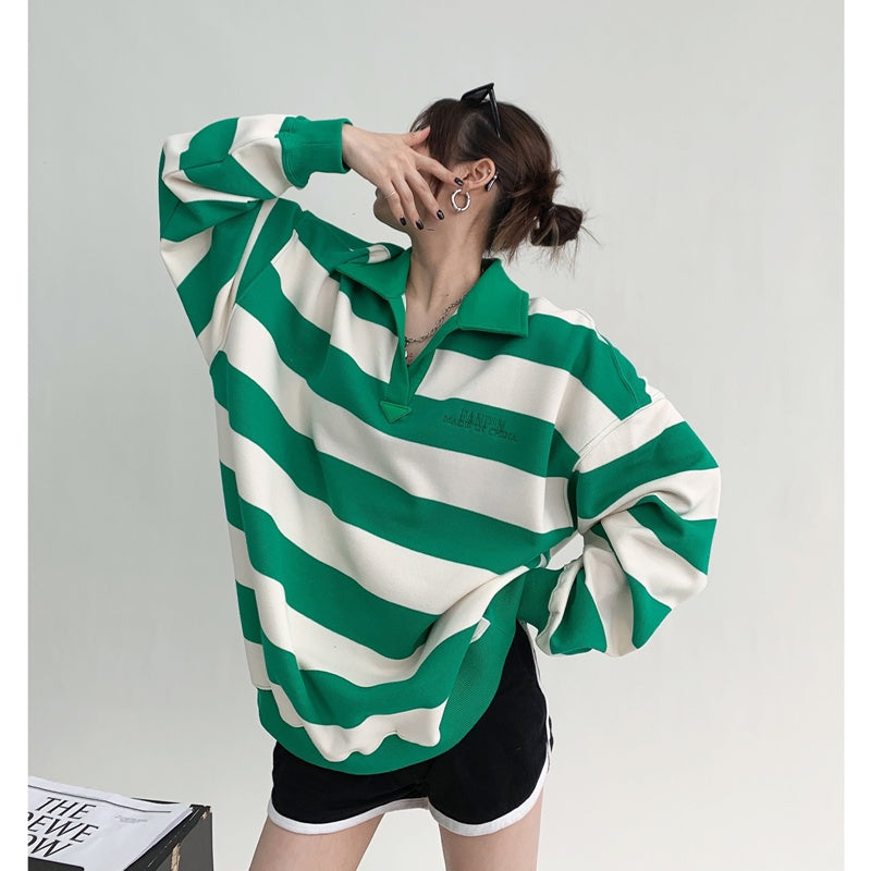 Herre Unisex Revers Stribet Broderet Sweatshirt