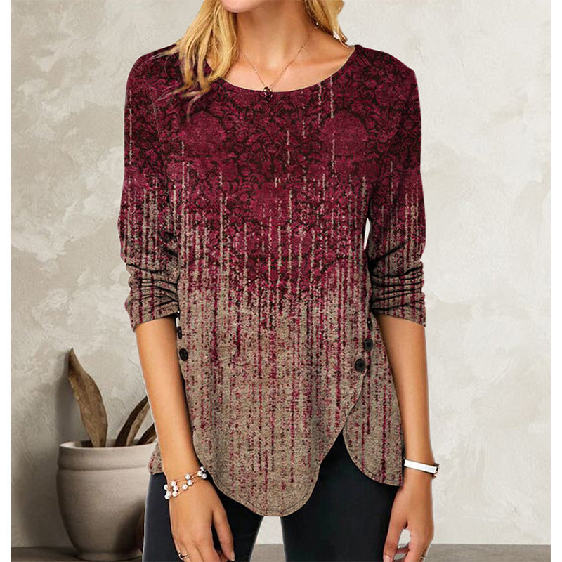 Digital Retro Printed Button Irregular Hem Round Neck Long Sleeve 3D