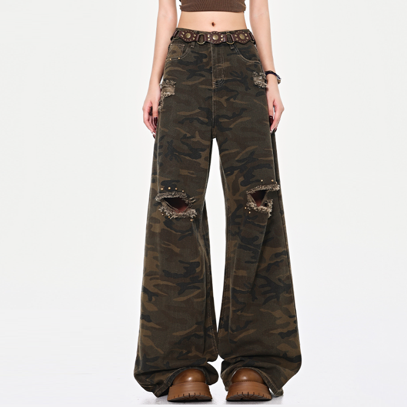 High Street Ripped Brushed Camouflage Jeans