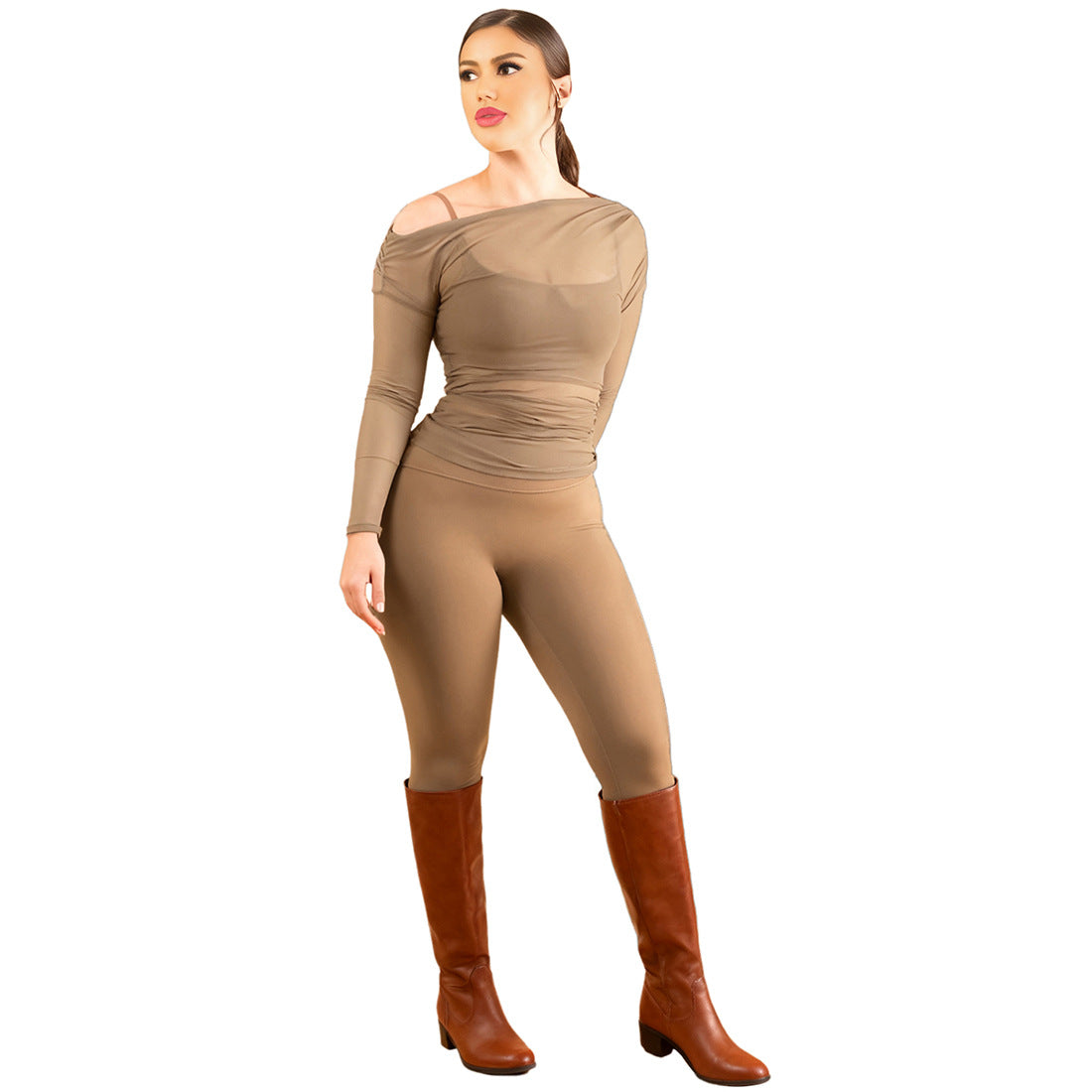 Women's Sexy Sheer Top, Spaghetti Strap Vest And High-waisted Slim Pants Three-piece Set