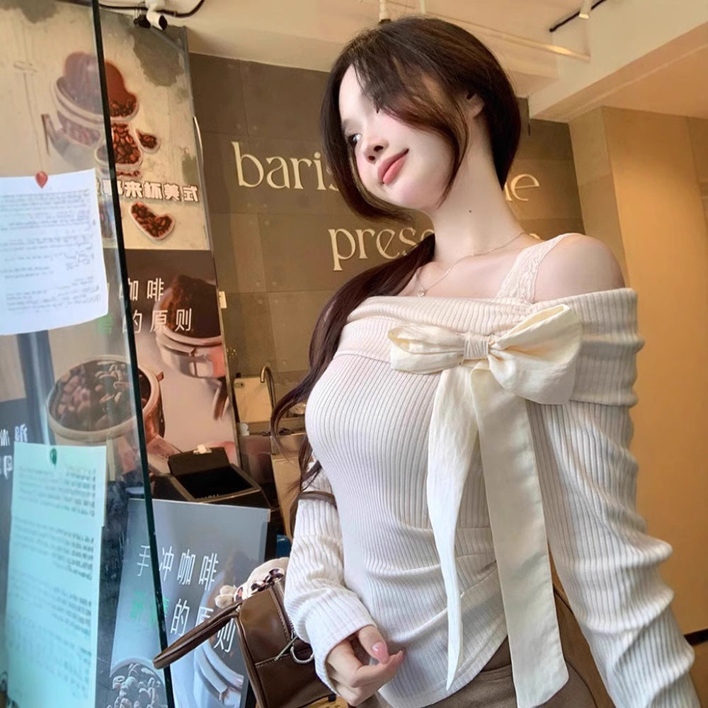 Off-shoulder Bowknot Off-shoulder Upper Clothes Long Sleeves T-shirt