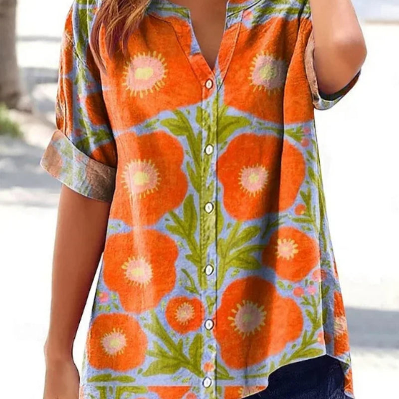 Orange Women's Floral Pattern Art Print Casual Cotton Linen Short Sleeve Shirt