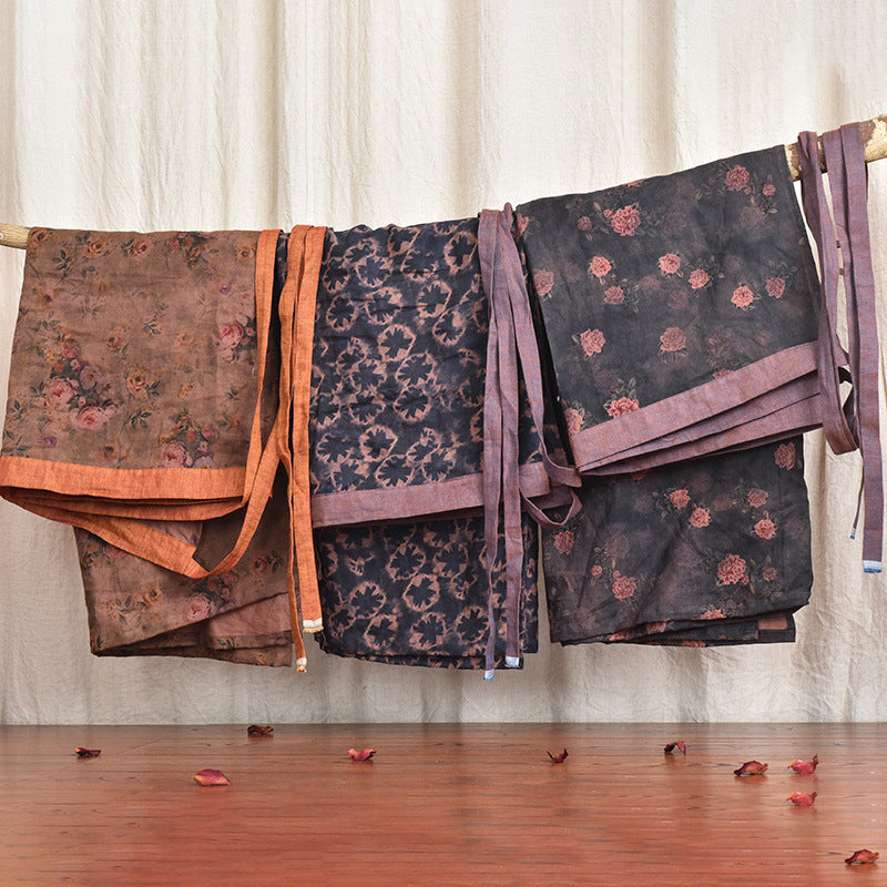 Retro High Waist Printing Crafts Linen Wrap Tie-shoulder Floral Skirt