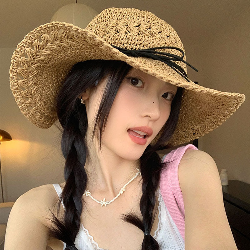 Straw Bow Chain Strap Straw Hat Female Hollow Crocheted