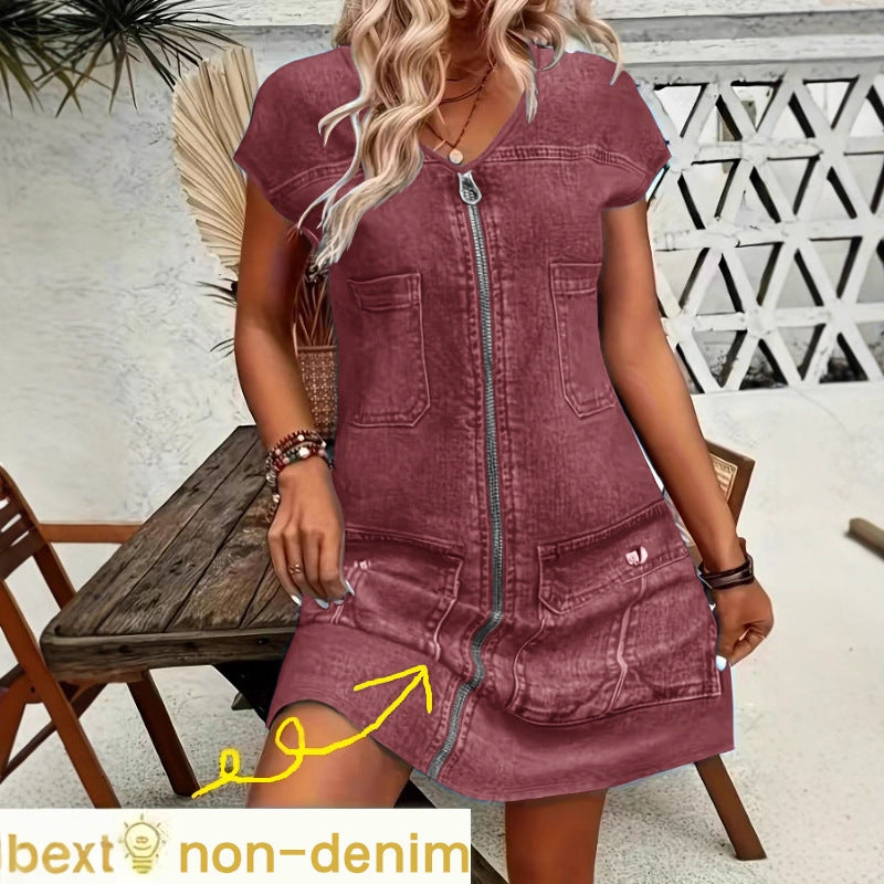 Milk Silk Fabric Denim-look Printed Short-sleeve Dress