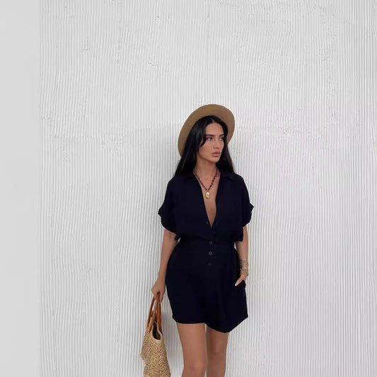 Solid Color Short Sleeve Casual Loose One-piece Shorts Suit