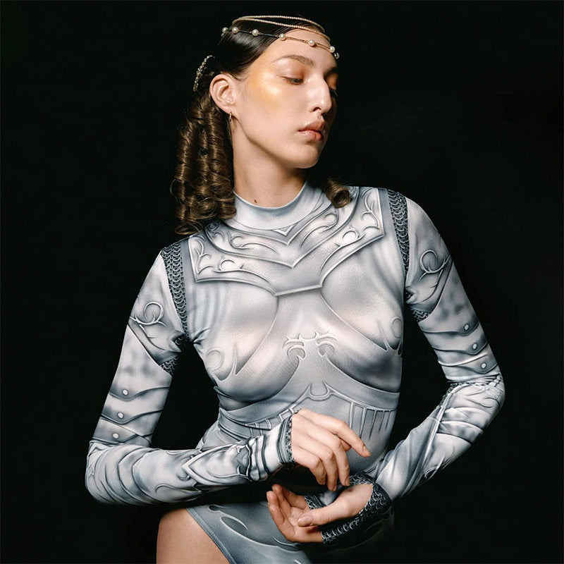 Mechanical Body Print Half Turtleneck Tight Long Sleeve Jumpsuit