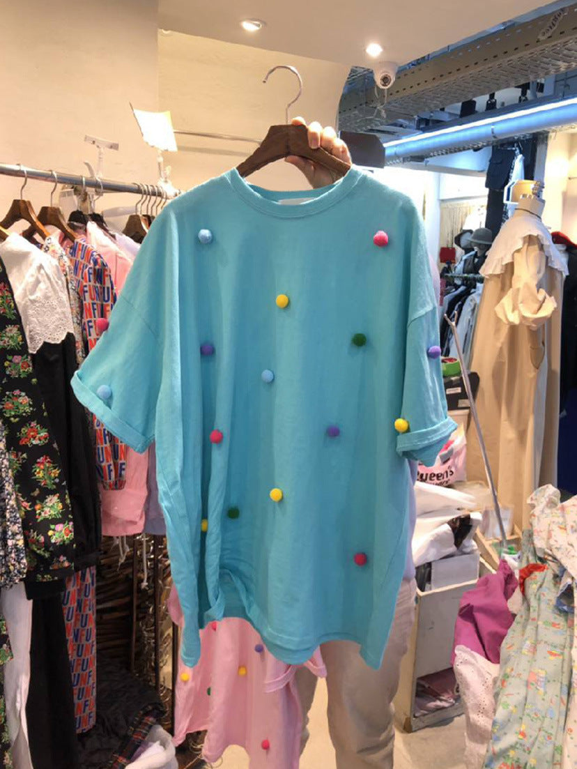 Round Neck Color Three-dimensional Ball Short-sleeved T-shirt Women's Top