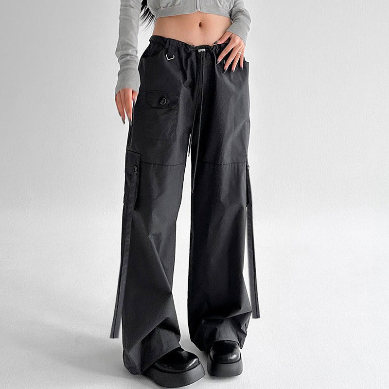 Women's Unisex Style Drawstring Lace Waist Ribbon Overalls