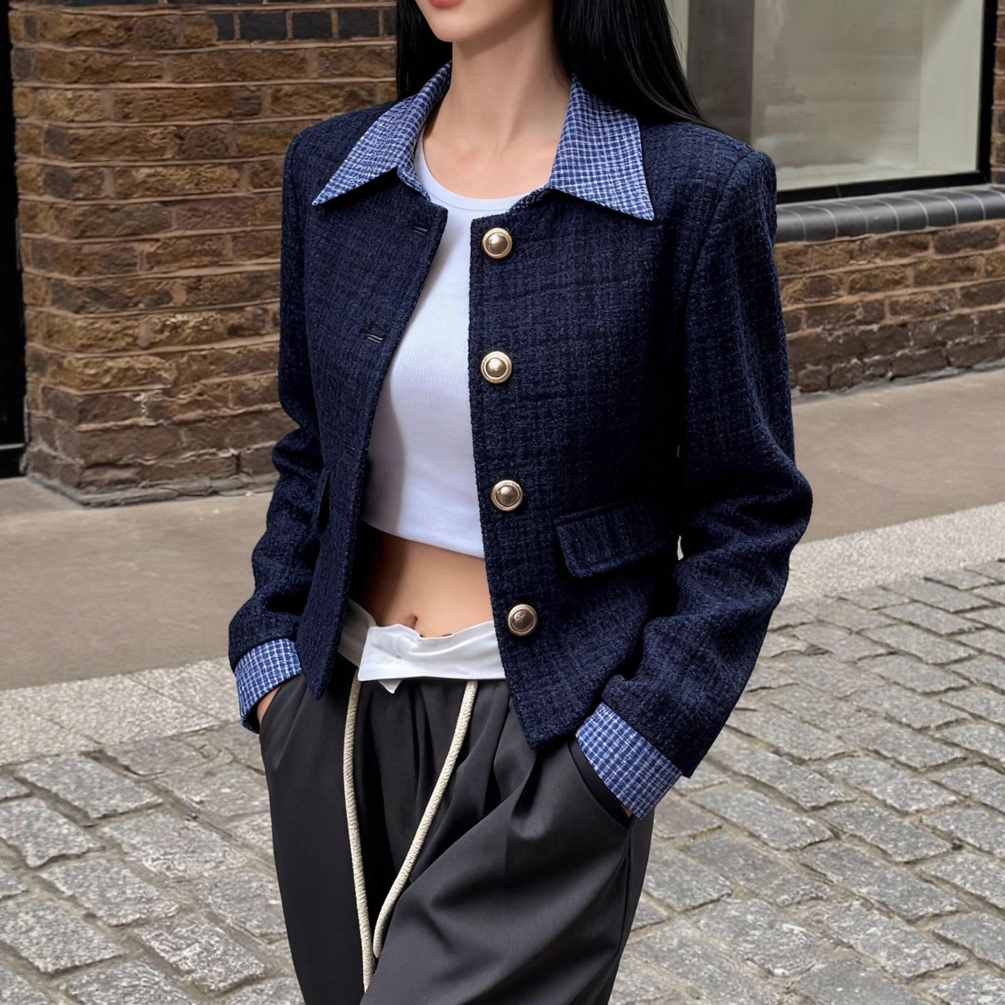 Women's Fashionable Color-block Plaid Lapel Coat