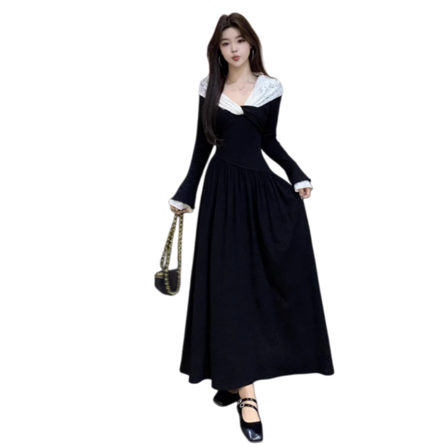 Womens Fashionable Patchwork Lace Long-Sleeve Dress