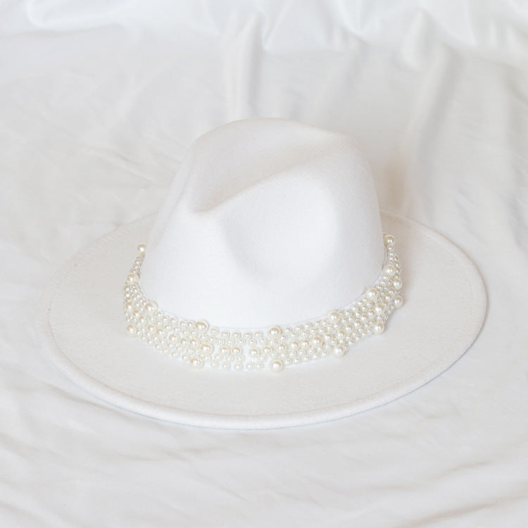 Handmade Pearl Top Hat Big Brim Fur Felt Hat