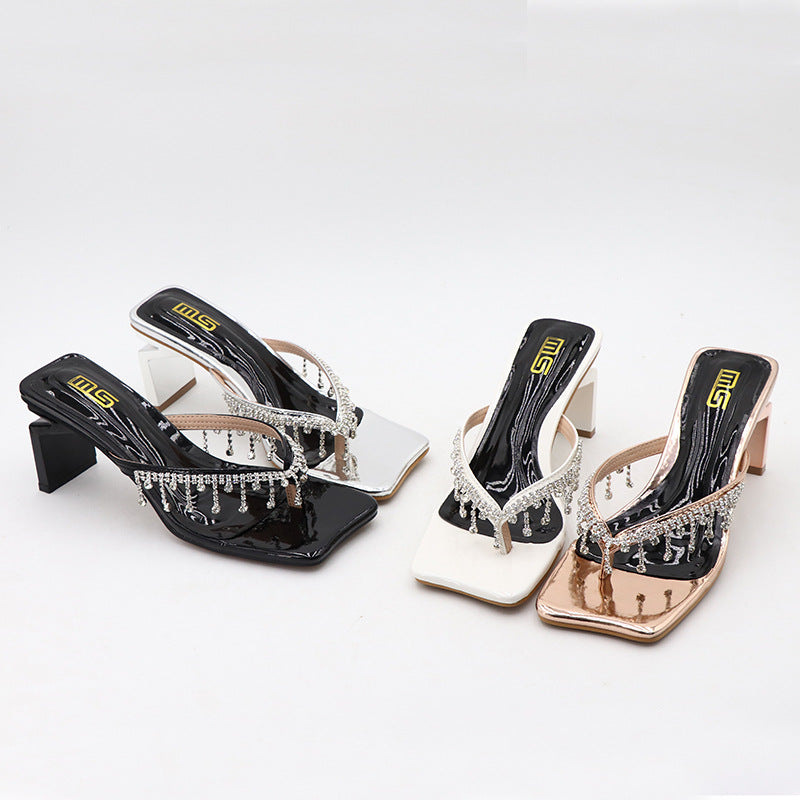 Square Toe Rhinestone High-heeled Outdoor Women's Fashionable Chunky Heel Plus Size Sandals