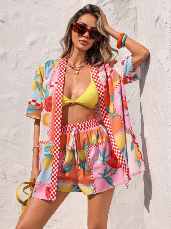 Vacation-style Casual Cardigan Short-sleeve Cape And Shorts Two-piece Set