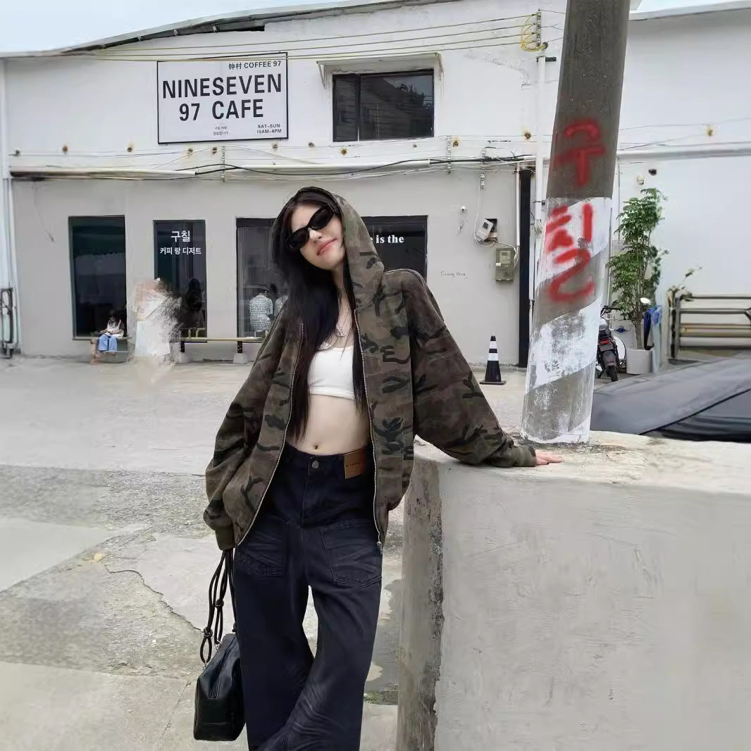 American Retro Camouflage Hoodie Coat