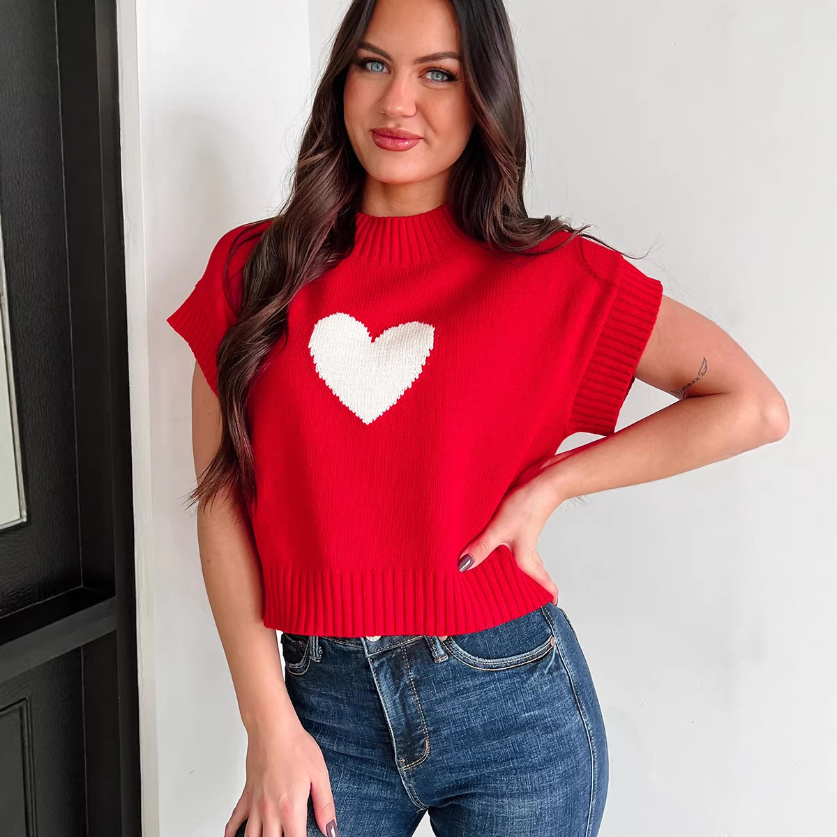 Womens Casual All-Match Heart-Shaped Short-Sleeve Knitted Sweater