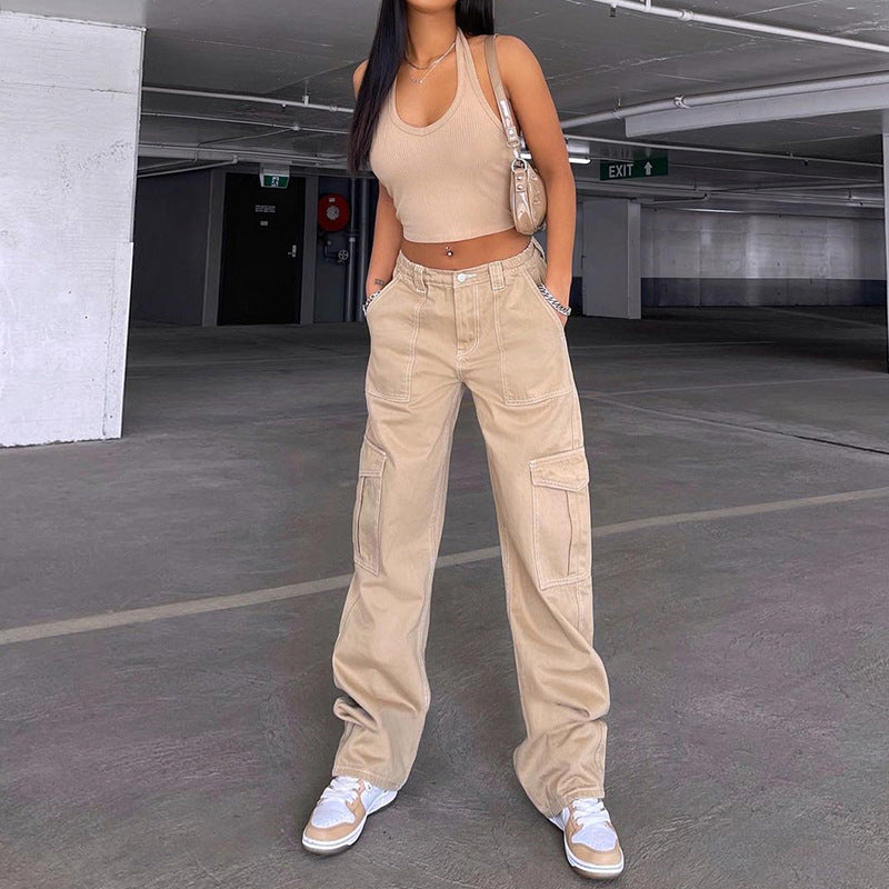 Mode Multi-lomme Syede Jeans Ensfarvet