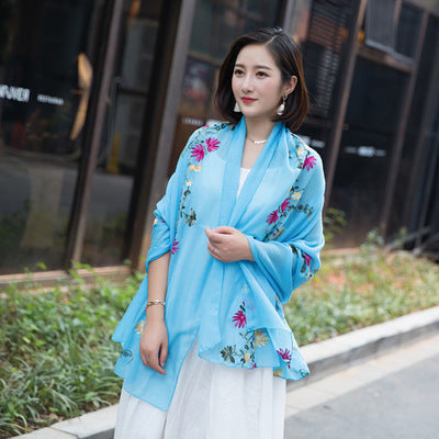Embroidered Cotton And Linen Scarf Travel Sunscreen Ethnic Style Silk Scarf