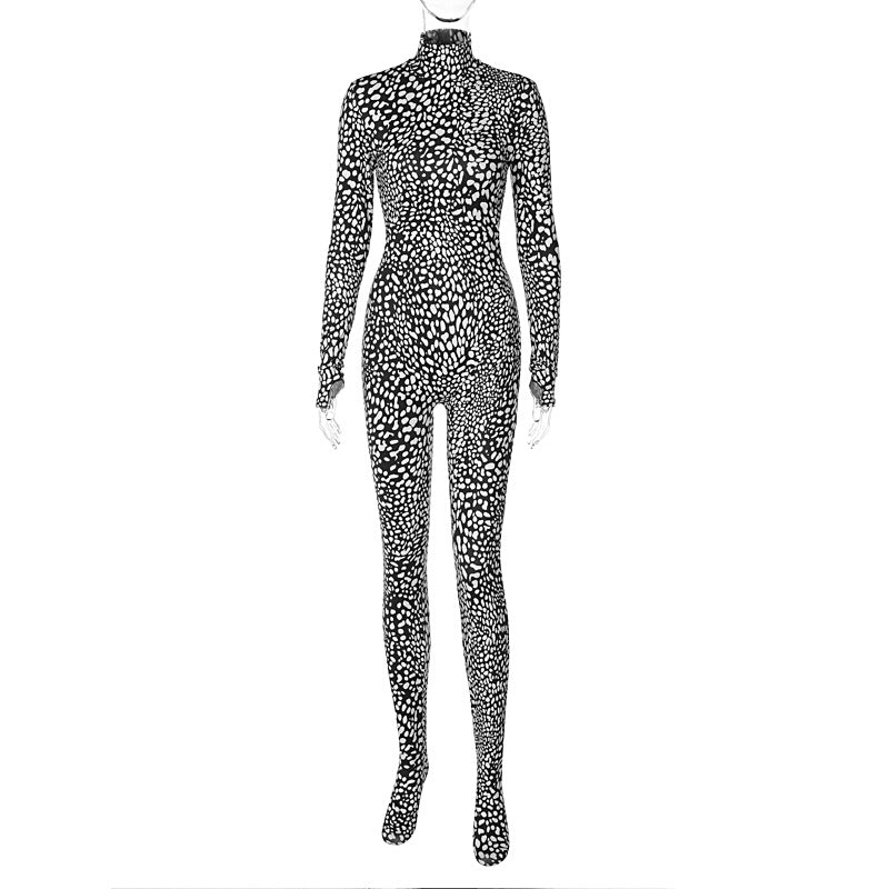 Fashion Printing Slim Back Zipper Turtleneck Long Sleeve Jumpsuit Wholesale