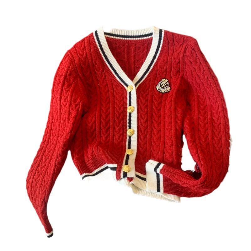 V-collar Contrast Color Knitted Cardigan Waist Slimming Cable-knit Sweater