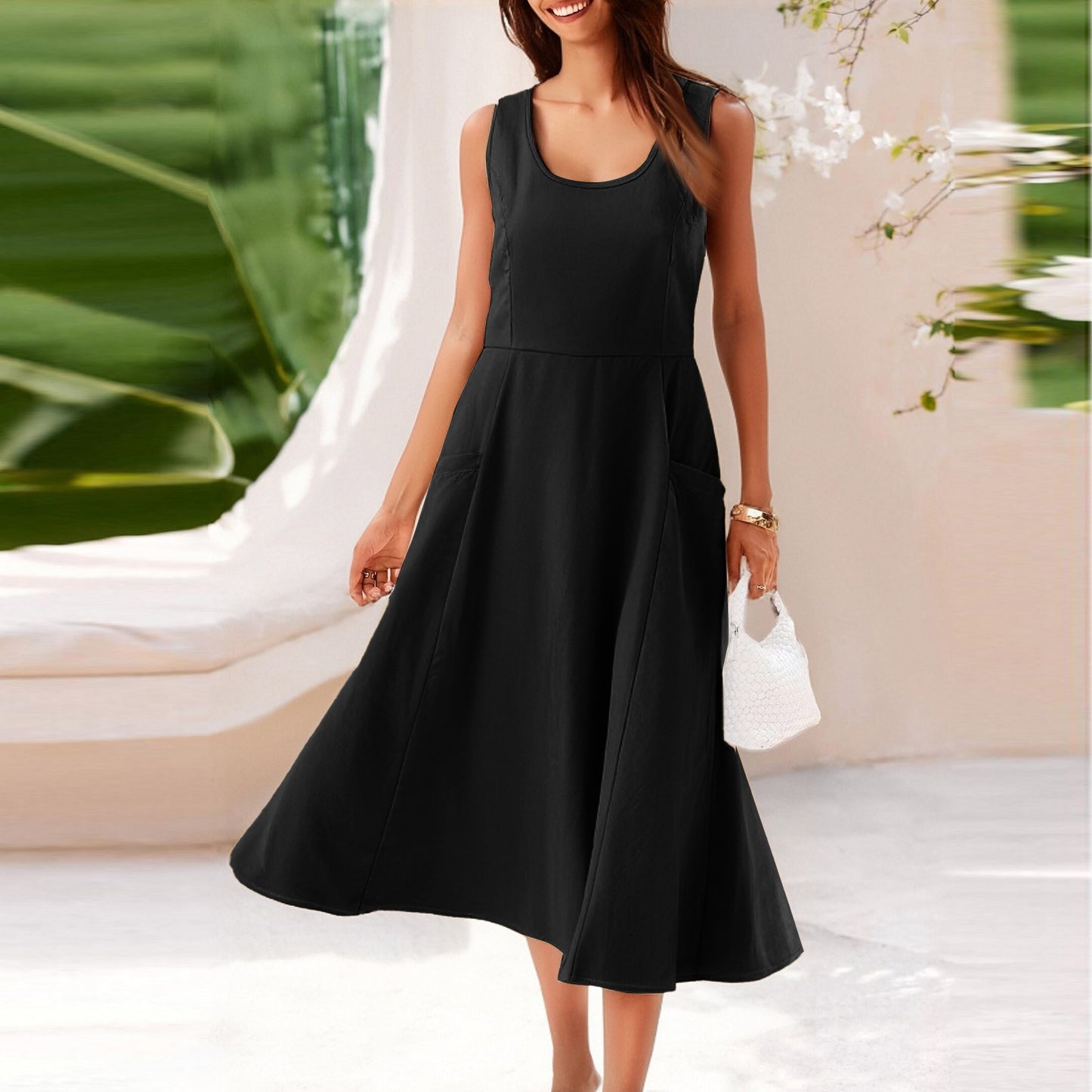 Pocketless Sleeveless Crew-Neck Elegant Womens Dress