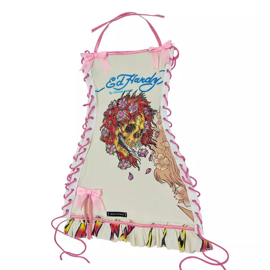 Printed Oil Painting Drawstring Tube Top Slip Dress