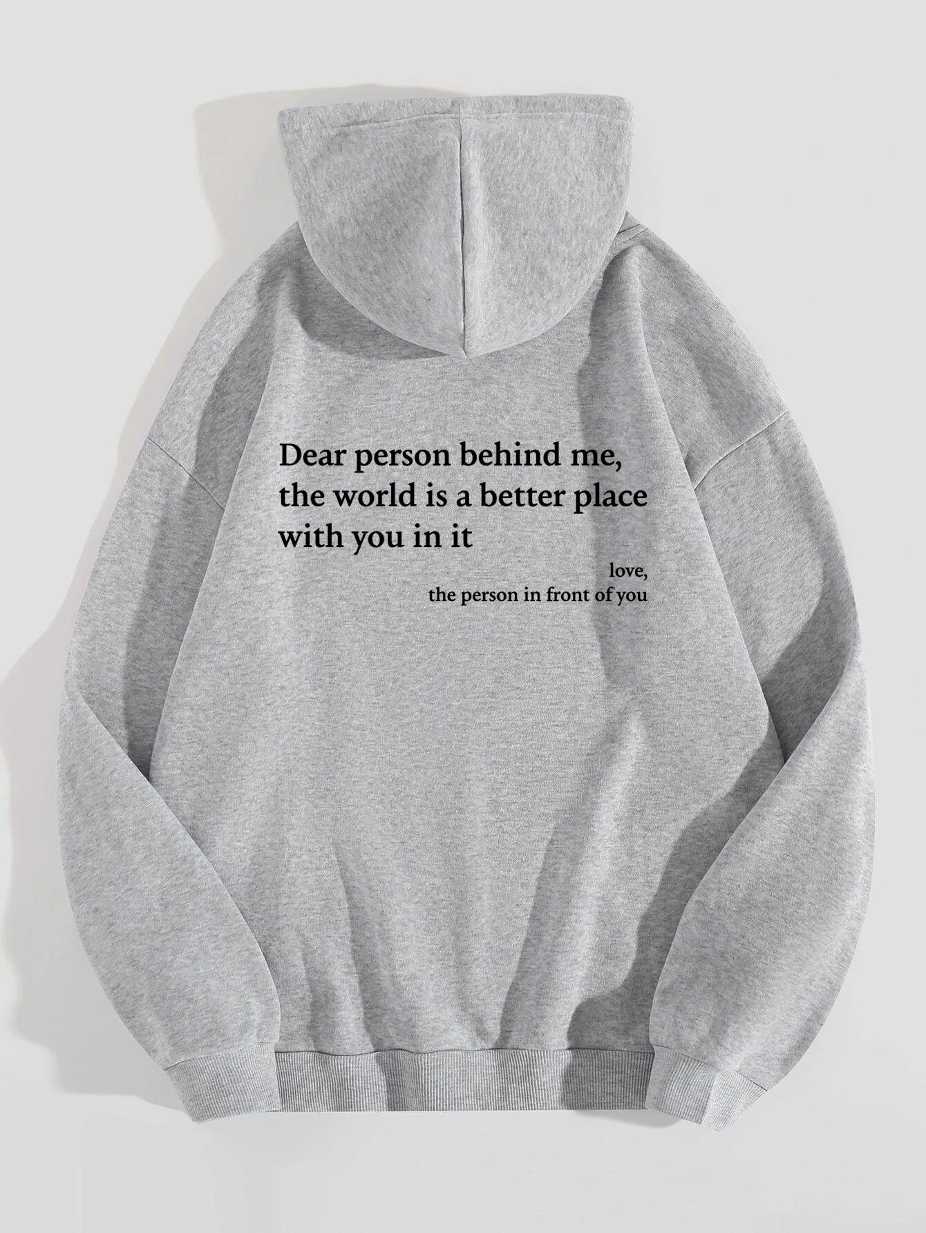 Dame-plyshættetrøje med bogstavprint, kængurulomme og snøre, unisex