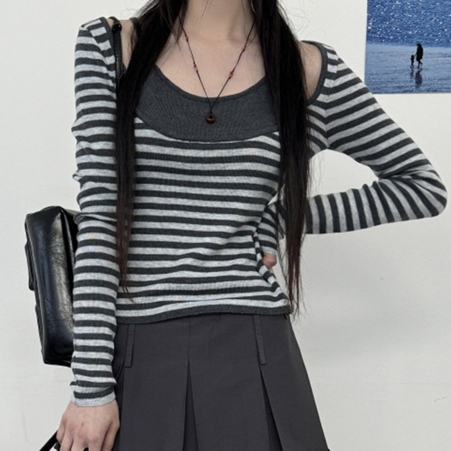 New Striped Sun-protective Long-sleeve Faux Two-piece Contrast-color T-shirt