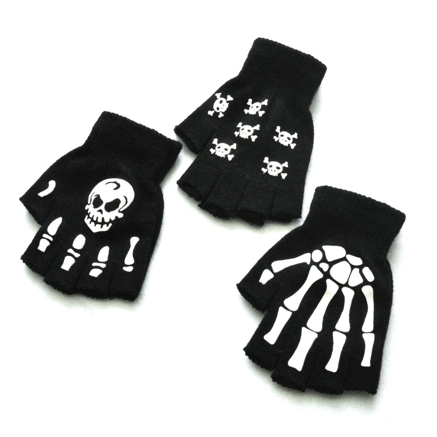 Varme Strikkede Halvfingerhandsker Halloween Lysende Kranie