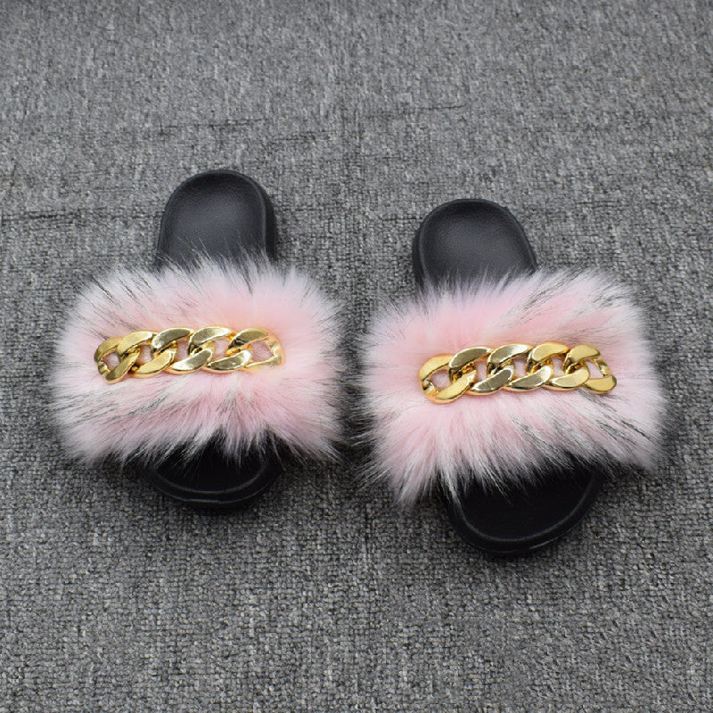 Fur Fur Slippers Chain Faux Fur Flip Flops