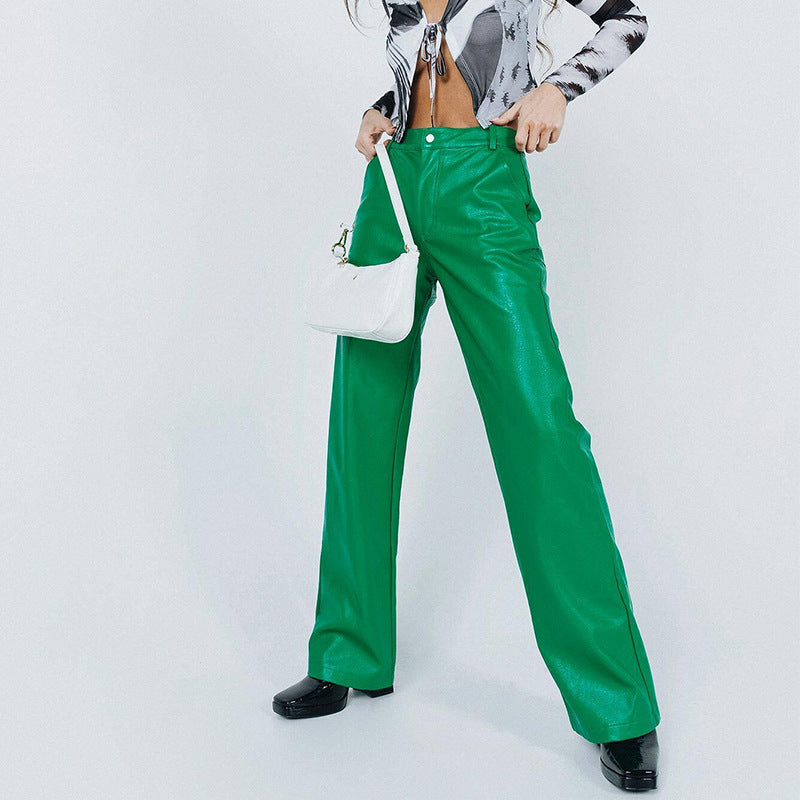 PU Trousers High Waist Loose Wide-leg Leather Pants Casual Trousers