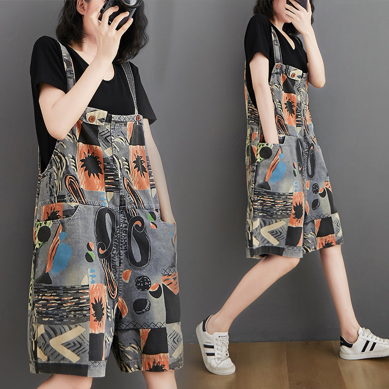 Summer Printed Denim Suspenders For Women