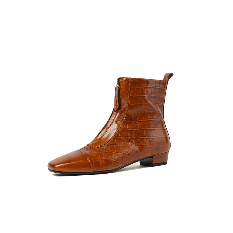 Retro Elegant Square Head Low Heel Zip Ankle Boots Women