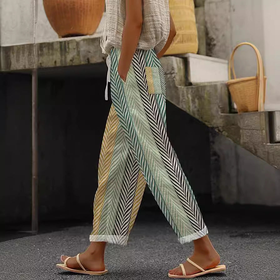 Feminine Digital Printed Minimalist Rolled Edge Casual Pants