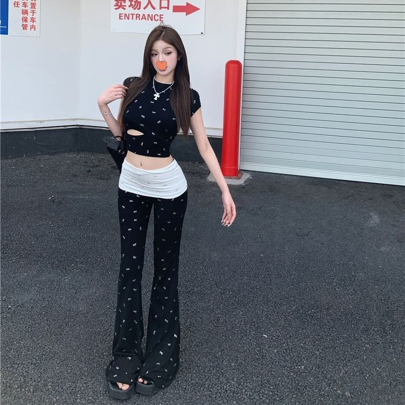 Casual Long Pants Bow Top Women's Summer Two-piece Set