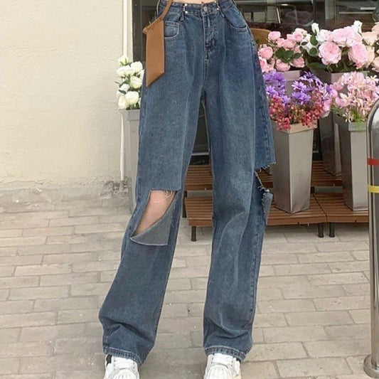 Ripped Wide-legged Jeans Women's Straight Loose High Waist
