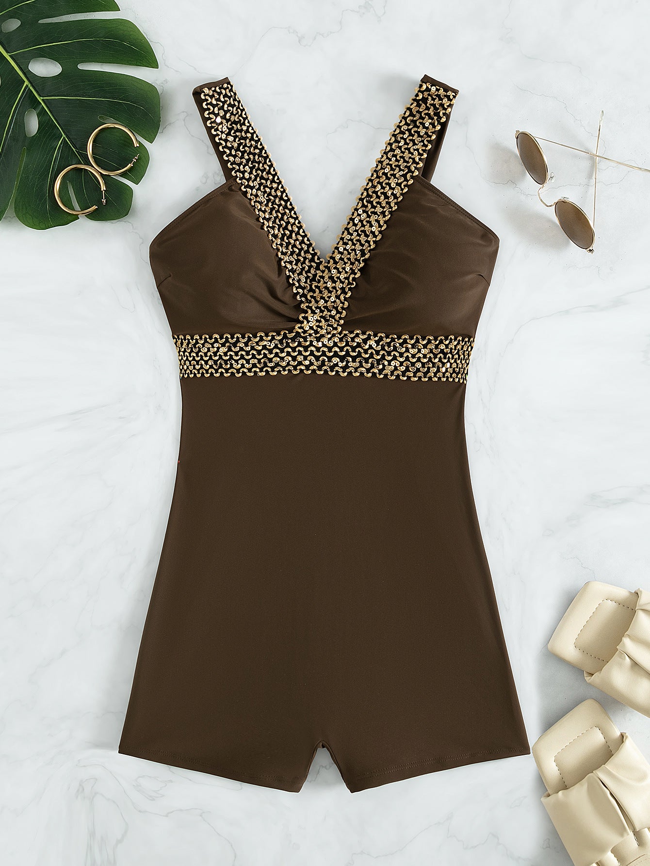 Sexy Solid-Color High-Cut Backless One-Piece Swimsuit With A Deep V-Neck