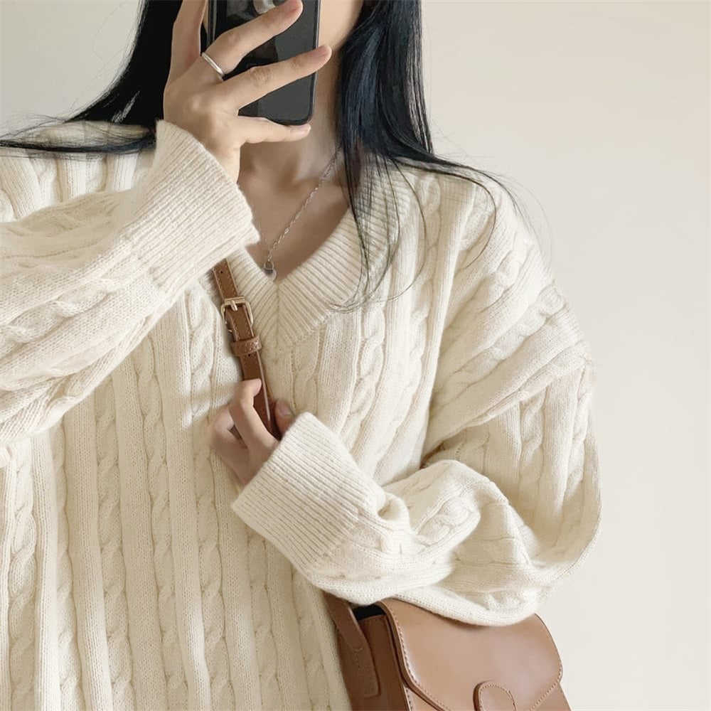 V-neck Mid-length Sweater Thick Long-sleeved Knitted Top