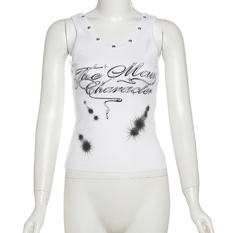 Slim-fit Street-style Sleeveless Printed Tank Top With A Crew Neck