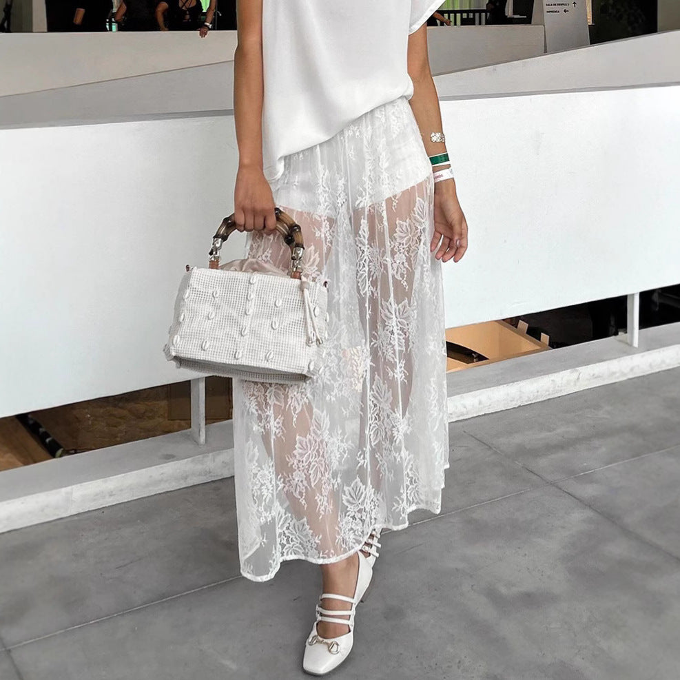 Sexy Brocade Lace See-through White Jacquard All-match Tutu