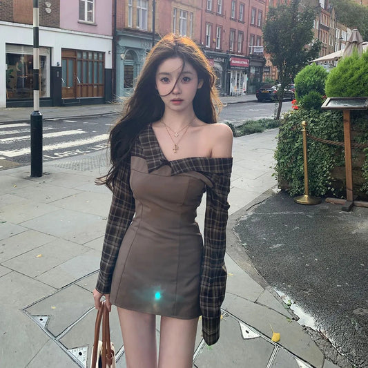 Retro Plaid Patchwork Mock Two-Piece Off-Shoulder Bodycon Mini Skirt