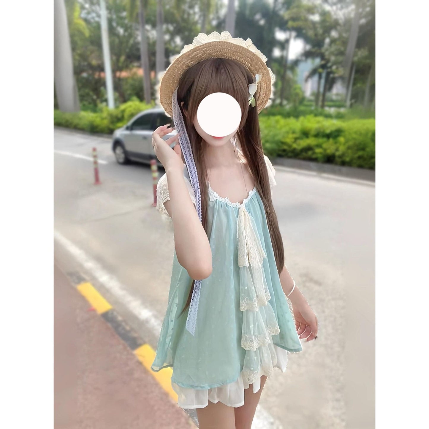 Lace Mesh bow French Top Elastic Waist White Mini Skirt Set Women