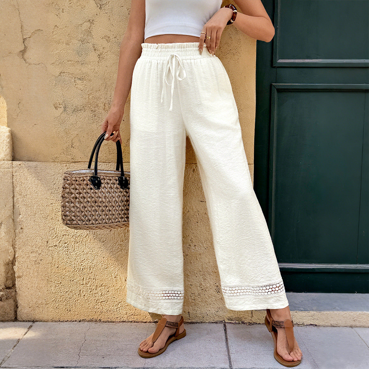 Solid-color Straight-leg Casual Pants With An Elastic Waist For Women